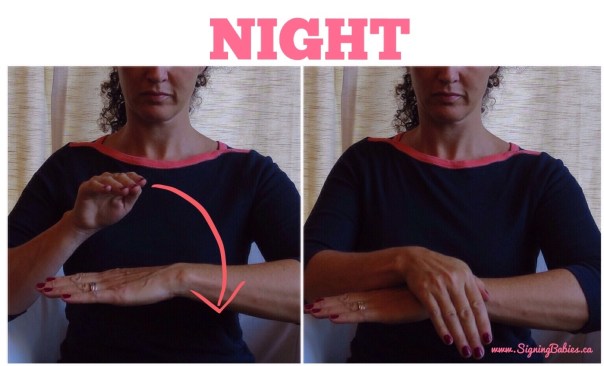 NIGHT in American Sign Language -one arm is held horizontally, palm down, while other hand arcs forward from behind flat arm to rest its wrist on the back of your flat hand.  -www.signingbabies.ca